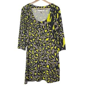Diane Von Furstenberg Silk Leopard Animal Print Shift Dress Size 10 Long Sleeve